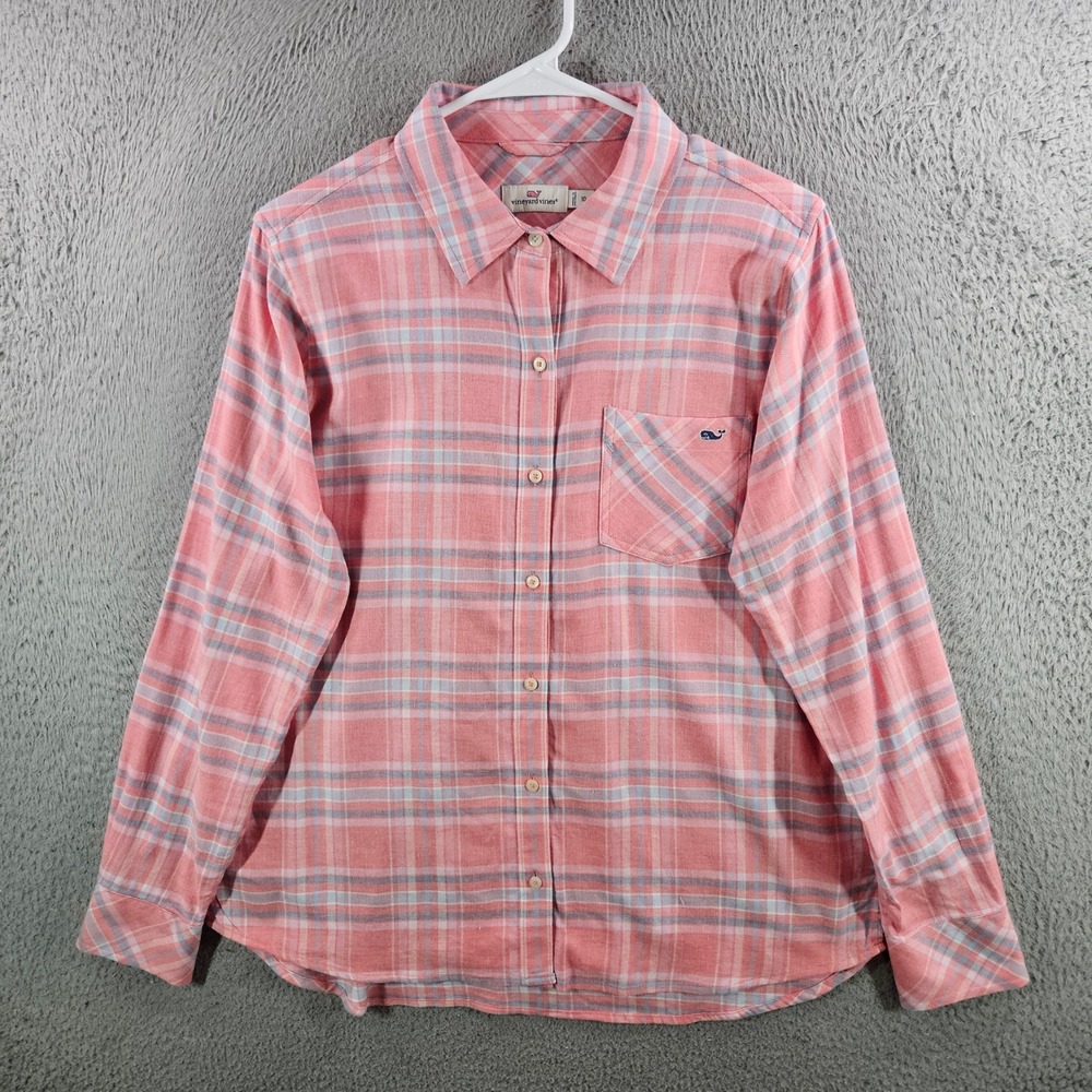 Vineyard Vines Womens Pink Blue Plaid Cotton Linen Button Down Shirt Size 10